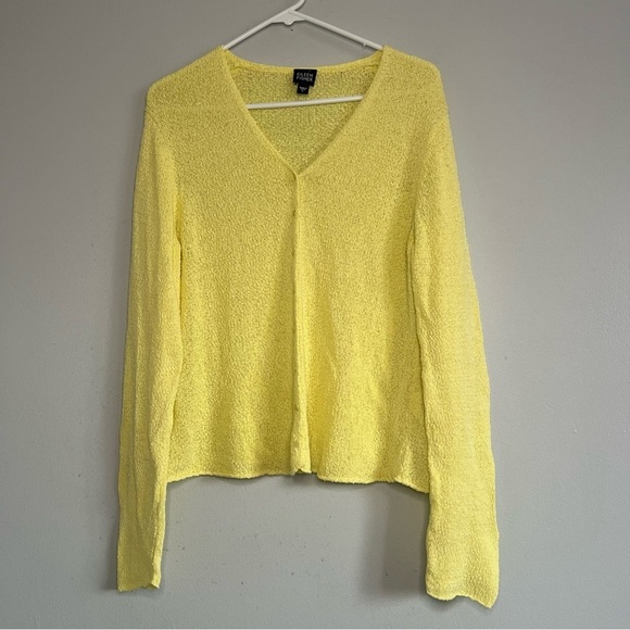 Eileen Fisher V Neck Button Up Cardigan Slim Fit Sz L Yellow Coastal Beach Fall - Picture 1 of 12